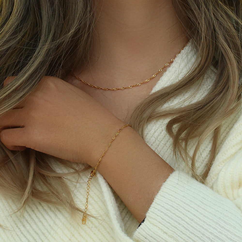 18K Gold Electroplated Water Wave Rope Chain Clavicle Necklace and Bracelet set Stainless Steel