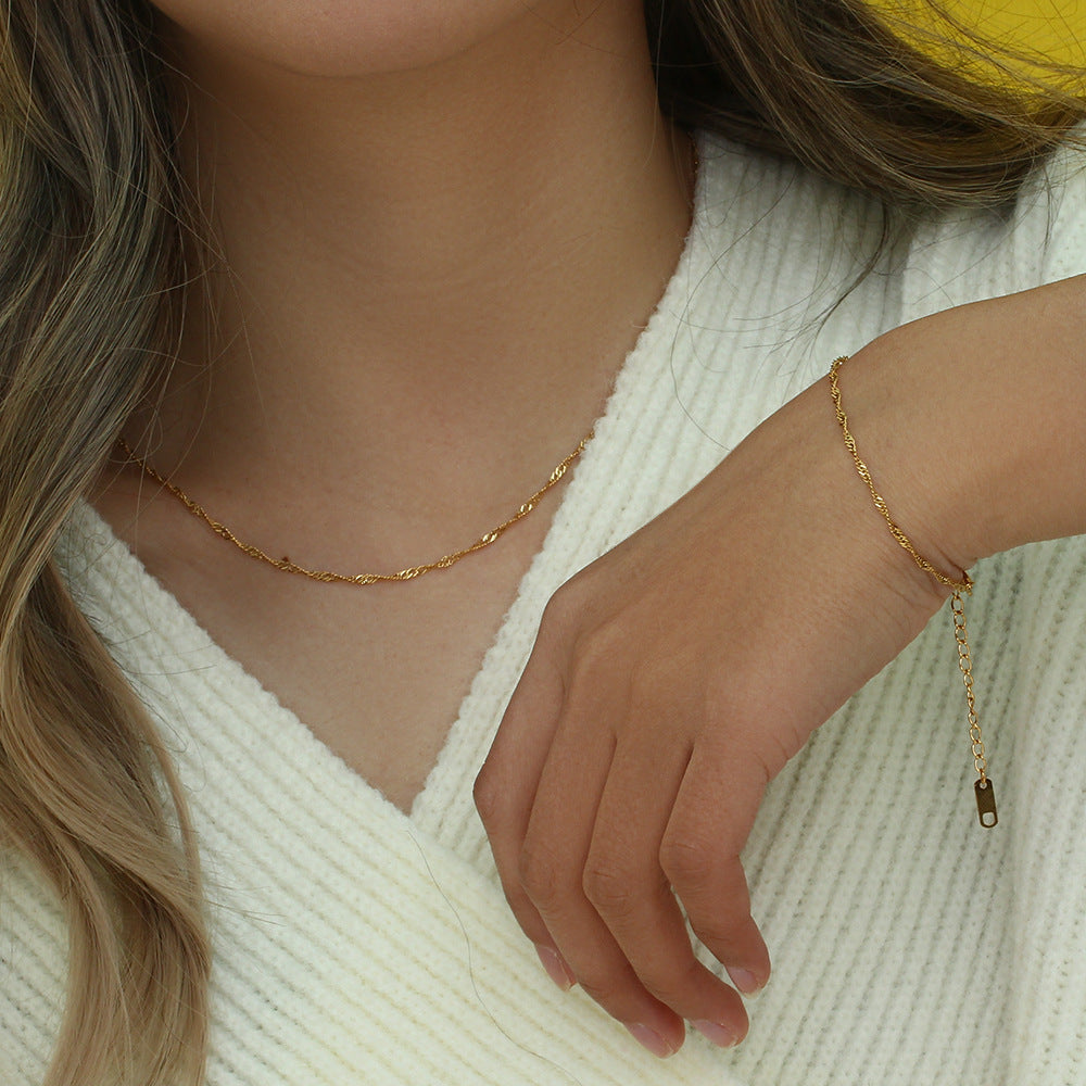 18K Gold Electroplated Water Wave Rope Chain Clavicle Necklace and Bracelet set Stainless Steel
