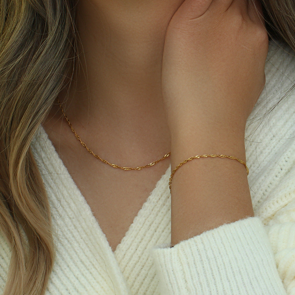 18K Gold Electroplated Water Wave Rope Chain Clavicle Necklace and Bracelet set Stainless Steel