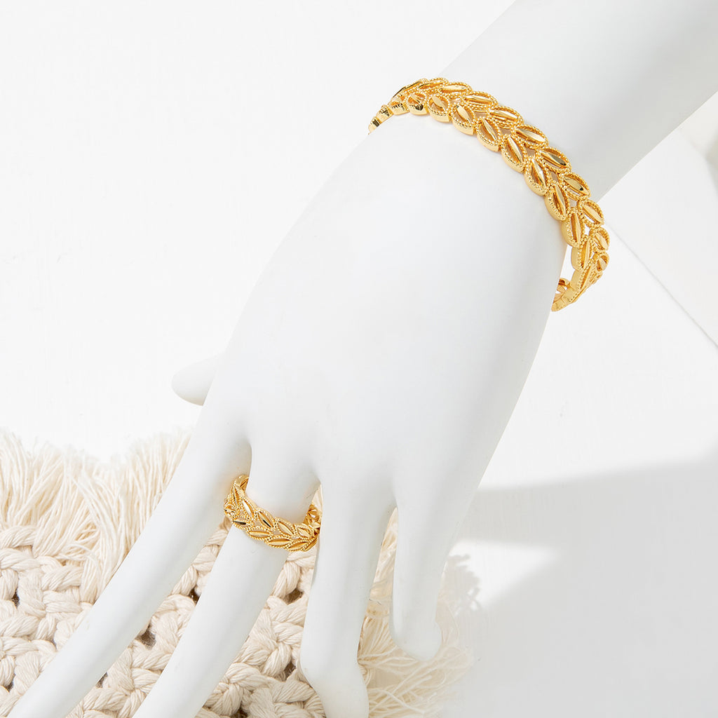 2Pcs 18k Gold Plated Wheat Leaves Bracelet Ring Set Suitable