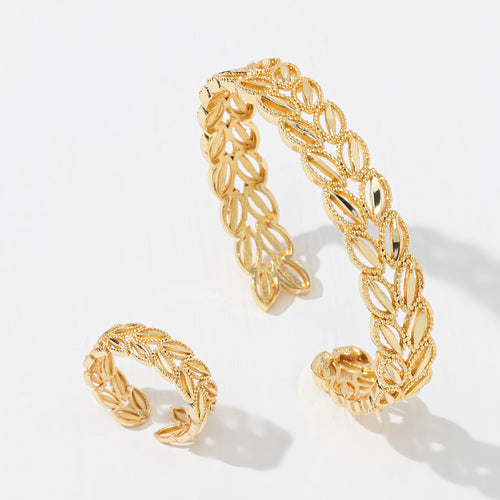 2Pcs 18k Gold Plated Wheat Leaves Bracelet Ring Set Suitable