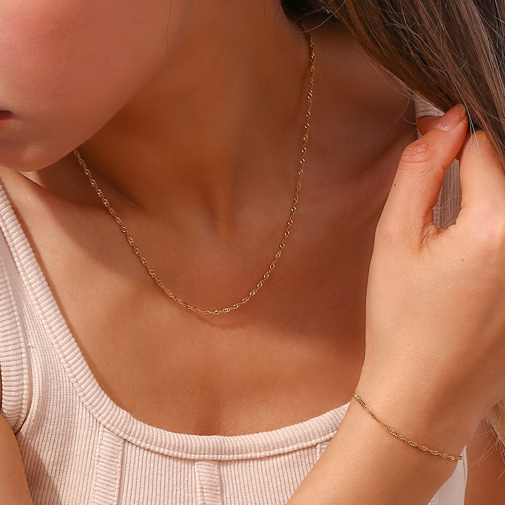 18K Gold Electroplated Water Wave Rope Chain Clavicle Necklace and Bracelet set Stainless Steel
